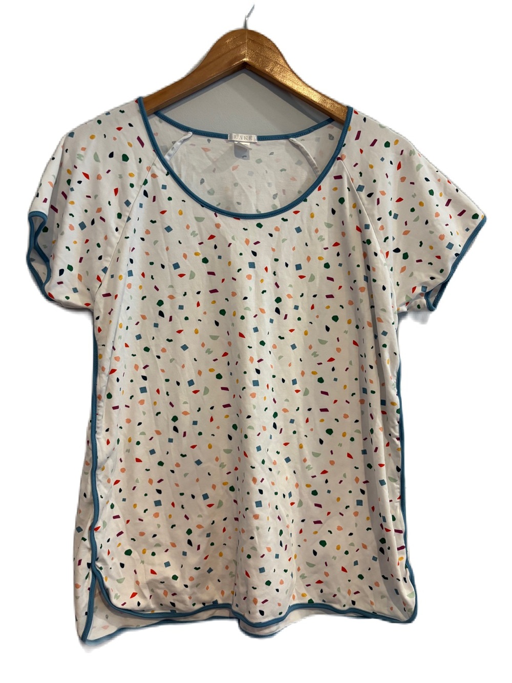 Lake Short Sleeve White Confetti Print PJ Top with Blue Trim Size XL